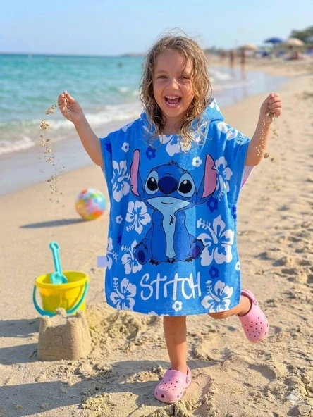 Cg Kids Stitch Karakter Baskılı Kapüşonlu Çocuk Panço Plaj ve Havuz Havlusu - Mavi ürün görseli 1