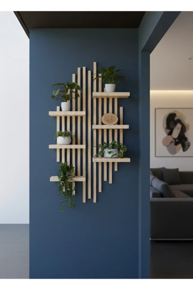 Ev dekka Ahşap Dekoratif Duvar Rafı - 120x60 cm Modern Çıtalı Çiçeklik ürün görseli 1