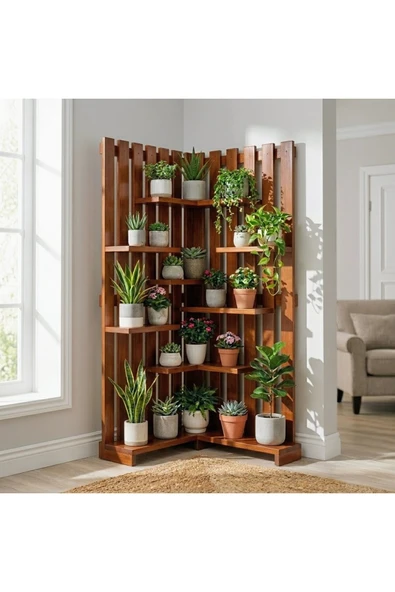 Ev dekka WoodDesign Çok Katlı Ahşap Köşe Çiçeklik Saksılık Ve Dekoratif Raf Modülü 160x150 cm ürün görseli 1