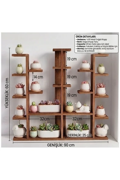 Ev dekka Çift Kuleli Ahşap Masaüstü Çiçeklik 90x80 cm - 10 cm Derinlik Pencere Önü Sukulent Kaktüs Saksı Rafı ürün görseli 1