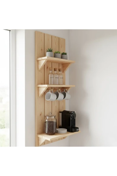 Ev dekka WoodDesign Masif Göknar Ahşap Kahve Köşesi - 100x40 cm Barista Duvar Rafı ve Kupa Askılığı ürün görseli 1