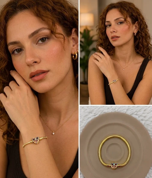 ? Premium Gold Renk Taşlı 316L Çelik Parlak Renkli Taş Detaylı Kalp Model Charm Bileklik (~18cm) ürün görseli 1