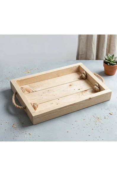 Ev dekka Doğal Ahşap Dekoratif Sunum Tepsisi - 30x40 cm Halat Kulplu Tepsi ürün görseli 1