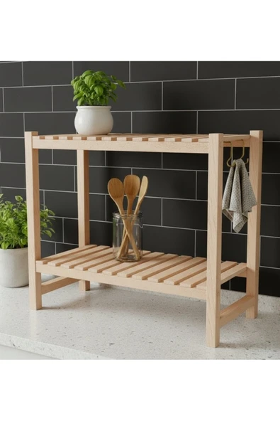 Ev dekka Mutfak Ahşap Tezgah Üstü Düzenleyici - 2 Katlı Baharatlık Rafı - Doğal Ahşap - 50x40 cm ürün görseli 1