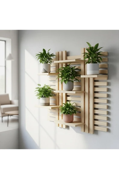 Ev dekka Ahşap Dekoratif Duvar Rafı 5 Bölmeli Çiçeklik Saksı Standı 50x50cm ÇiftTaraflı BantlıDelmesizMontaj ürün görseli 1