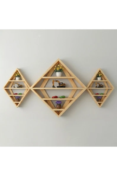 Ev dekka Masif Ahşap Geometrik Duvar Rafı Kitaplık Seti 150x60 cm ürün görseli 1
