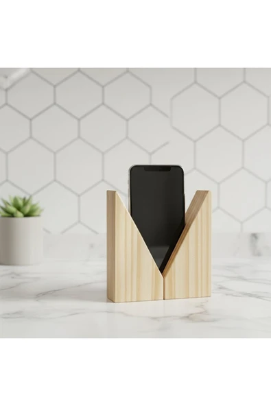 Ev dekka Doğal Ahşap Telefon Standı - Minimalist Masaüstü Telefon Tutucu - 10 cm Yükseklik - Çam Ağacı ürün görseli 1