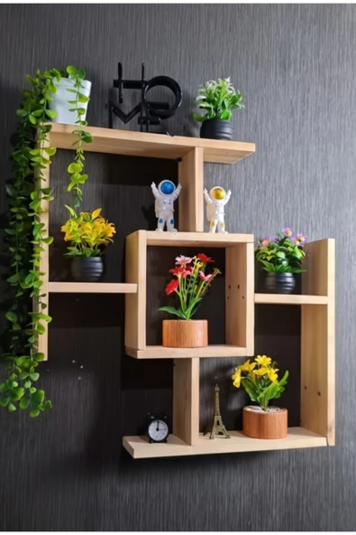 Ev dekka Dekoratif Ahşap Duvar Rafı - 75x75 cm Modern Çapraz Tasarım Kitaplık ve Çiçeklik - Doğal Ahşap ürün görseli 1