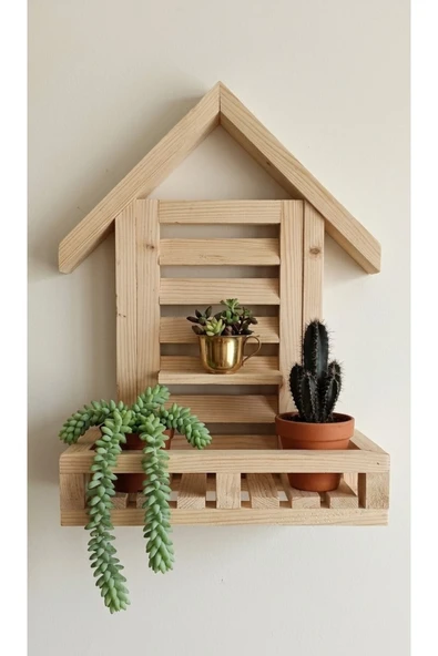 Ev dekka Dekorev Ham Köknar Ahşap Ev Tasarımlı Duvar Rafı - Dekoratif Mutfak ve Banyo Rafı - 40x20x25 cm ürün görseli 1