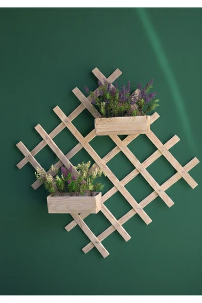 Ev dekka Ahşap Dekoratif Duvar Rafı Çiçeklik - 40x40 cm Kafes Askılı Saksı Standı - Doğal Çam Duvar Dekoru ürün görseli 1