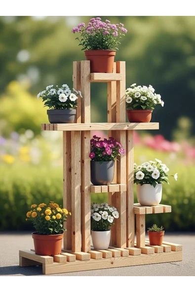 Ev dekka Ahşap Çiçeklik Standı 4 Katlı 8 Raflı Saksılık Bahçe Balkon Çiçek Rafı 120 x 80 cm ürün görseli 1