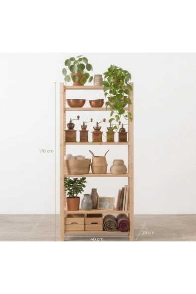 Ev dekka 170x40 cm Doğal Masif Ahşap 6 Katlı Kitaplık ve Dekoratif Çok Amaçlı Raf Ünitesi ürün görseli 1