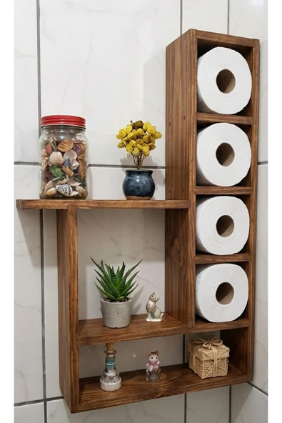 Ev dekka 100x60 cm Dev Boy Masif Ham Ahşap Banyo Rafı - 6 Geniş Bölmeli Tuvalet Kağıtlığı ve Düzenleyici ürün görseli 1