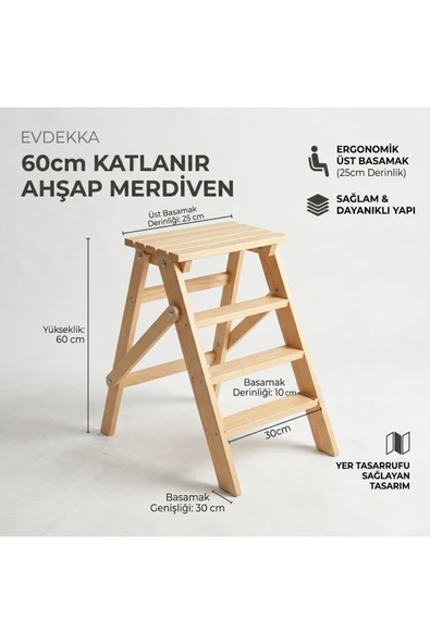 Ev dekka Evdekka 60 cm Katlanır Ahşap Merdiven - 3 Basamaklı Dekoratif Mutfak Merdiveni ürün görseli 1