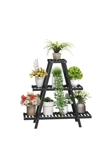 Ev dekka Dekoratif Ahşap Metal 3 Katlı Çiçeklik Saksı Standı - 120x120 cm Merdiven Saksılık ürün görseli 1