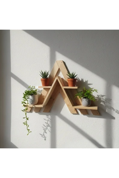 Ev dekka Deconcept Doğal Ahşap Üçgen Dağ Figürlü Duvar Rafı - 4 Bölmeli Saksılık Kitaplık Çiçeklik (60x50 cm) ürün görseli 1