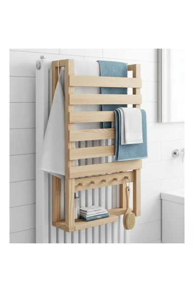 Ev dekka Doğal Ahşap Radyatör Üstü Havluluk ve Banyo Rafı - 30x50 cm Modern Askılıklı Dekoratif Organizer ürün görseli 1