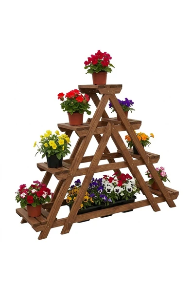 Ev dekka Masif Ahşap 4 Katlı Merdiven Çiçeklik - Bahçe Balkon Standı 120x120 cm ürün görseli 1