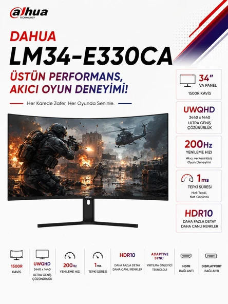LM34-E330CA 34″ 200Hz 1ms HDMI DP Adaptive Sync HDR10 WQHD VA Curved 1500R Gaming Monitör ürün görseli 1