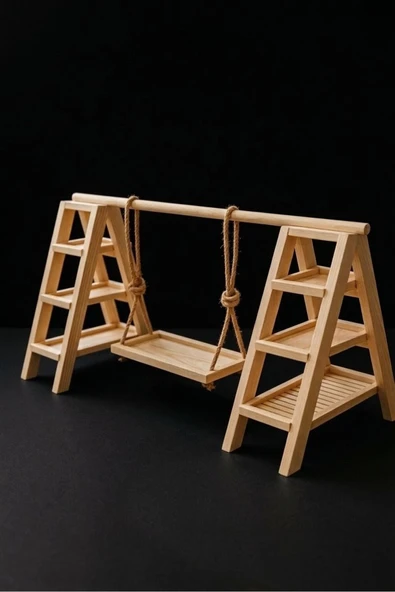 Ev dekka Ahşap Dekoratif Salıncaklı Raf - Merdiven Tasarımlı Takı ve Çiçek Standı (40x30 cm) ürün görseli 1