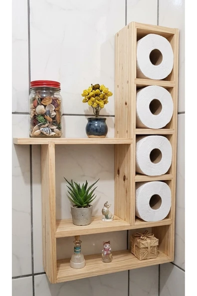 Ev dekka 100x60 cm Dev Boy Masif Ham Ahşap Banyo Rafı - 6 Geniş Bölmeli Tuvalet Kağıtlığı ve Düzenleyici ürün görseli 1