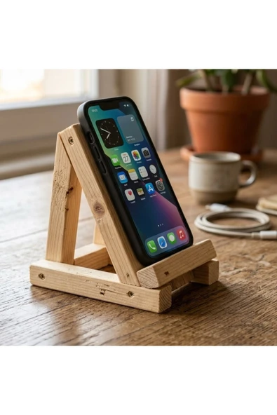 Ev dekka Doğal Ahşap Telefon Standı - Masaüstü Telefon Tutucu 15x8 cm ürün görseli 1