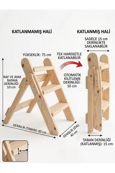 Ev dekka Doğal Ahşap Katlanır Merdiven / Dekoratif Basamak Tabure - 75 cm ürün görseli 1