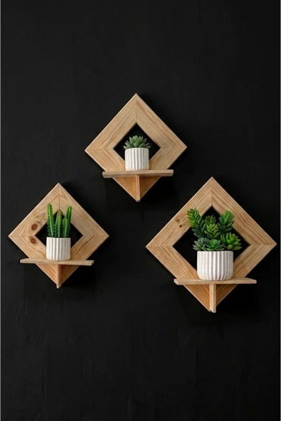 Ev dekka Masif Ahşap Baklava Dilim Duvar Rafı - 3 Parça Dekoratif Raf Seti 25x25 cm ürün görseli 1