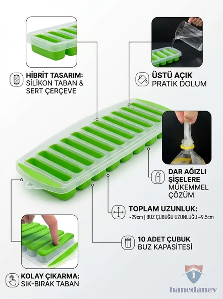 Çubuk Buz Kalıbı – Silikon Tabanlı, Kolay Çıkarılabilir, 10 Hazneli – Şişeler İçin Özel Tasarım ürün görseli 1