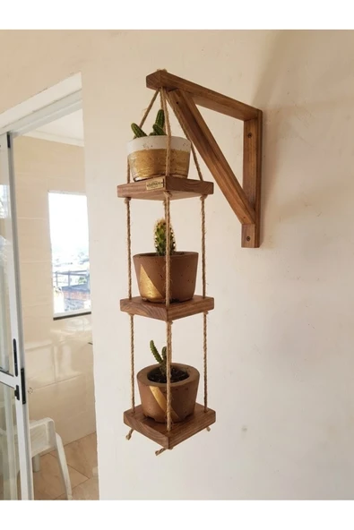 Ev dekka Rasperini 15x15 cm Masif Ahşap 3 Katlı Duvar Askılı Saksılık - Boho Jüt İpli Çiçeklik Standı ürün görseli 1