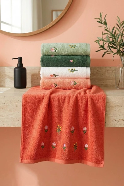 Mini Çiçek Nakışlı %100 Pamuklu 5'li Havlu Seti 50x90 cm ürün görseli 1