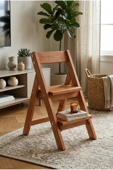 Ev dekka Ahşap Katlanır Merdivenli Tabure - 60x25x20 cm - Doğal Kestane Rengi Çok Amaçlı Basamak ürün görseli 1