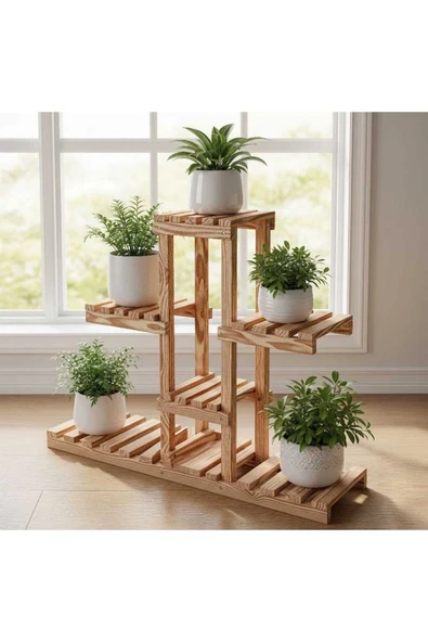 Ev dekka Doğal Masif Ahşap 5 Bölmeli Çiçeklik Saksı Standı - 100x100x25 cm Geniş Raf Derinliği ürün görseli 1