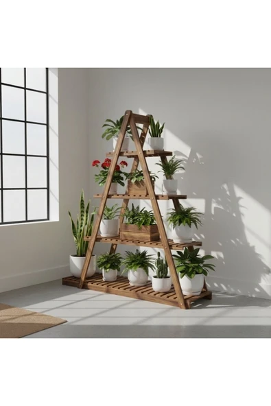 Ev dekka Doğal Ahşap 5 Katlı Merdiven Çiçeklik - 150x150 cm Taşınabilir Saksı Standı Balkon Bahçe Rafı ürün görseli 1