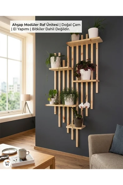 Ev dekka Evdekka Doğal Ahşap Çiçeklik Dekoratif Duvar Rafı Japandi Tasarım 150x100 cm ürün görseli 1
