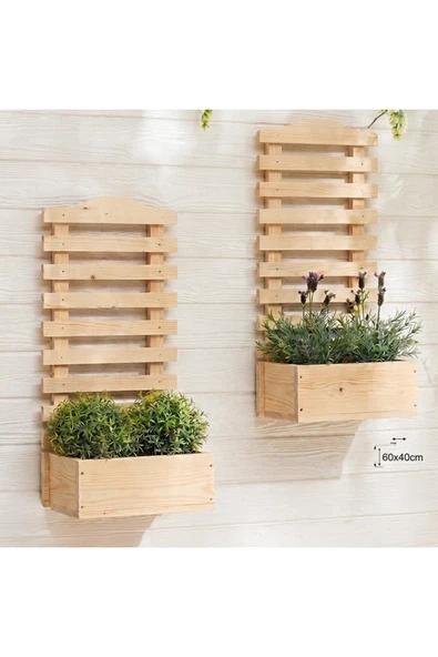 Ev dekka Ahşap Dekoratif Duvar Saksısı Çiçeklik 2'li Set - Bahçe Balkon Duvar Askısı Saksılık 60x40 cm ürün görseli 1