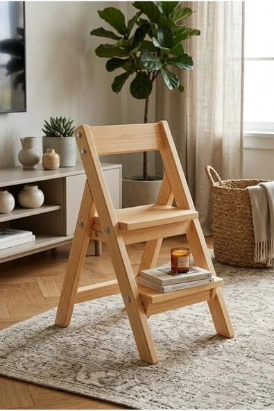 Ev dekka Ahşap Katlanır Merdivenli Tabure - 60x25x20 cm - Doğal Kestane Rengi Çok Amaçlı Basamak ürün görseli 1