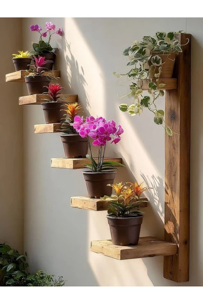 Ev dekka Dekostil Ahşap Duvar Tipi Çiçeklik - 60 cm Merdiven Saksı Rafı - 7 Basamaklı ürün görseli 1