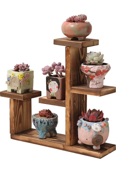 Ev dekka Ahşap Sukulent ve Çiçek Standı - 5 Bölmeli Dekoratif Masaüstü Saksı Rafı - 25x25 cm ürün görseli 1