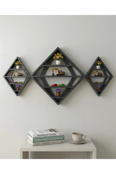Ev dekka Masif Ahşap Geometrik Duvar Rafı Kitaplık Seti 150x60 cm ürün görseli 1