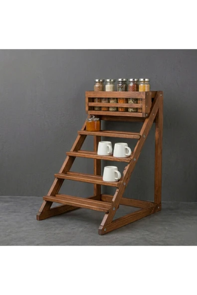 Ev dekka Masif Ham Ahşap Baharatlık ve Kupa Rafı - 5 Katlı Modern Mutfak Düzenleyici (55x25x10 cm) ürün görseli 1