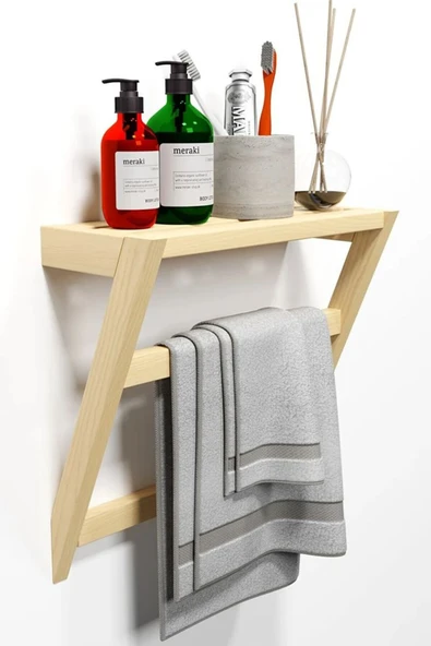 Ev dekka Matkap Gerektirmeyen Ahşap Banyo Rafı Ve Havluluk - 50x40 cm - Yapışkanlı Duvar Rafı ürün görseli 1