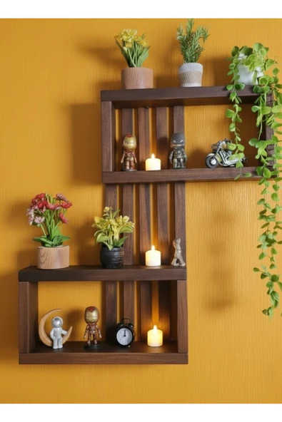 Ev dekka Zikzak Duvar Rafı - Dekoratif Doğal Ahşap Kitaplık ve Çiçeklik - 75x50 cm Antrasit/Ceviz ürün görseli 1