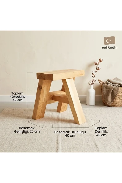 Ev dekka Masif Ahşap Tabure - 40 cm Yükseklik - Doğal Çam Basamaklı Tabure ürün görseli 1