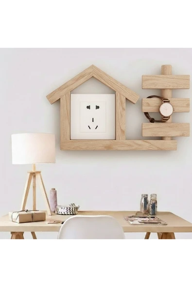Ev dekka 2 adet Ahşap Ev Tasarımlı Priz Kapatıcı ve Duvar Düzenleyici Raf - 25x20 cm Saatlikli Organizer ürün görseli 1
