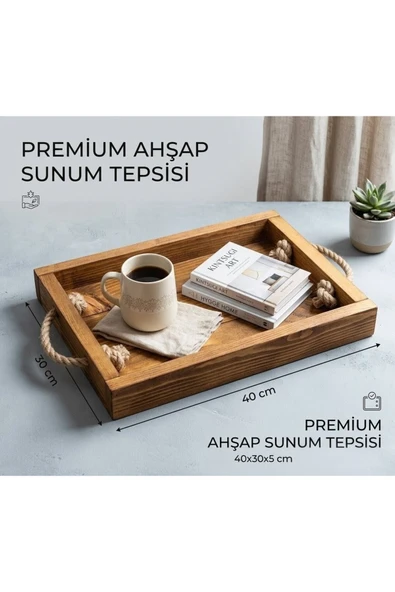 Ev dekka Doğal Ahşap Dekoratif Sunum Tepsisi - 30x40 cm Halat Kulplu Tepsi ürün görseli 1