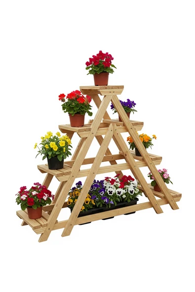 Ev dekka Masif Ahşap 4 Katlı Merdiven Çiçeklik - Bahçe Balkon Standı 120x120 cm ürün görseli 1