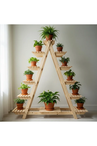 Ev dekka 11 Raflı Masif Çam Çiçeklik Standı - 150x120 cm Büyük Boy - 25 cm Derin Raflı Ahşap Raf ürün görseli 1