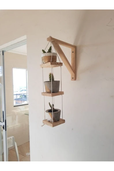 Ev dekka Rasperini 15x15 cm Masif Ahşap 3 Katlı Duvar Askılı Saksılık - Boho Jüt İpli Çiçeklik Standı ürün görseli 1