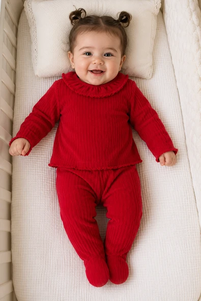 Kadife Dokulu Kız Bebek Patikli Alt Üst Takım 15302 ürün görseli 1